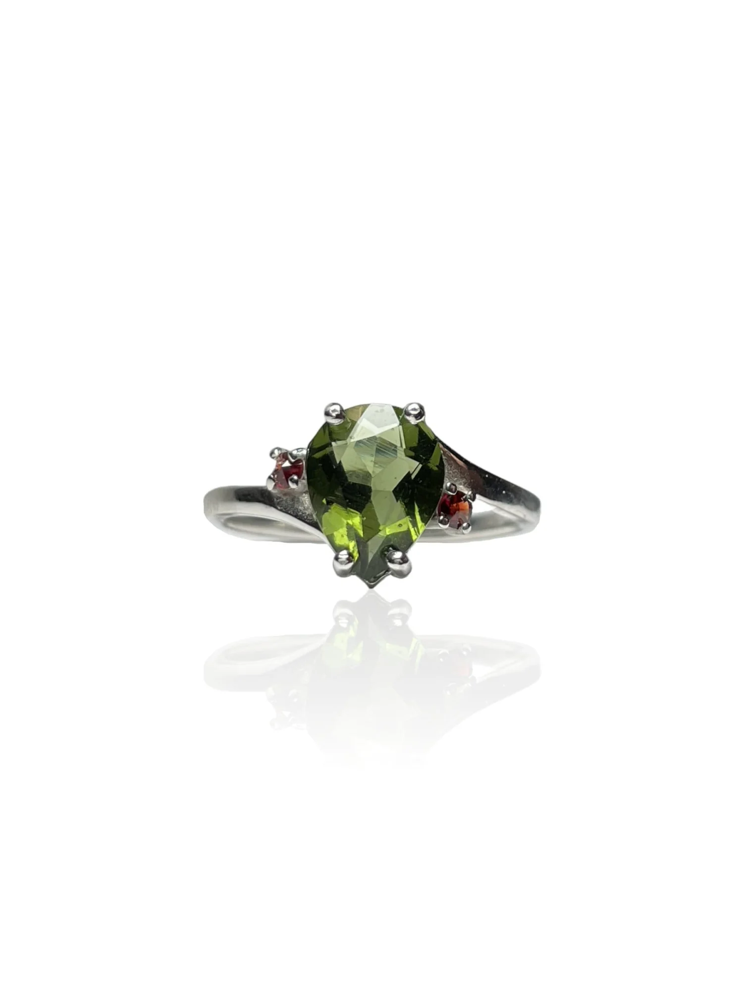 Moldavite ring drop with garnets