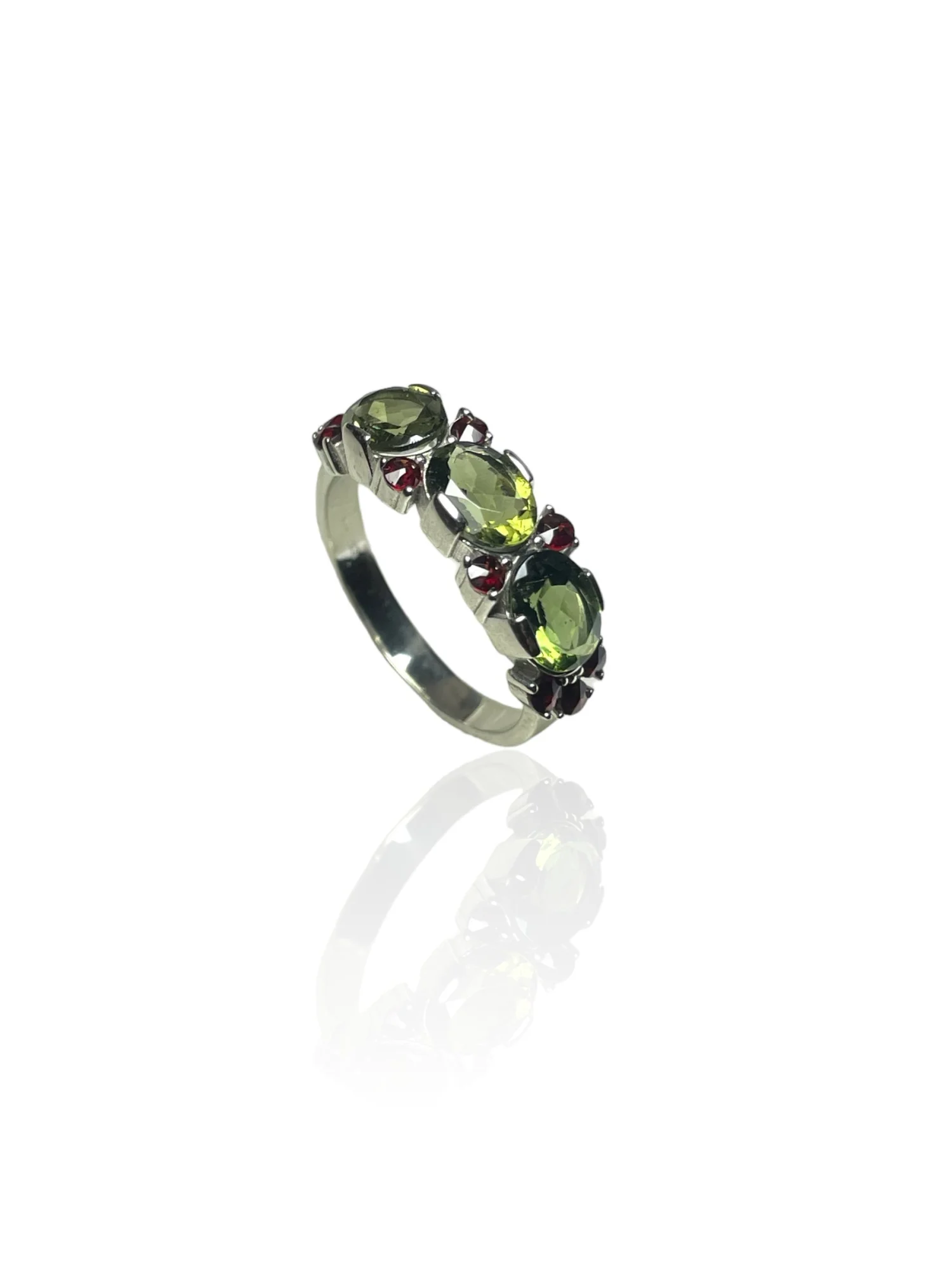 Moldavite ring with garnets