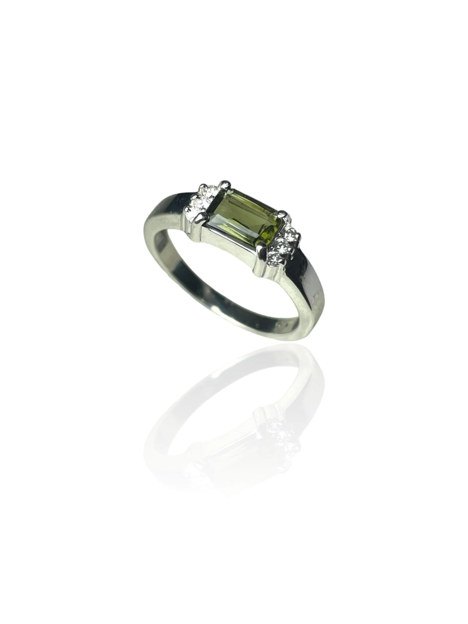 Moldavite ring rectangle with cubic zirconia