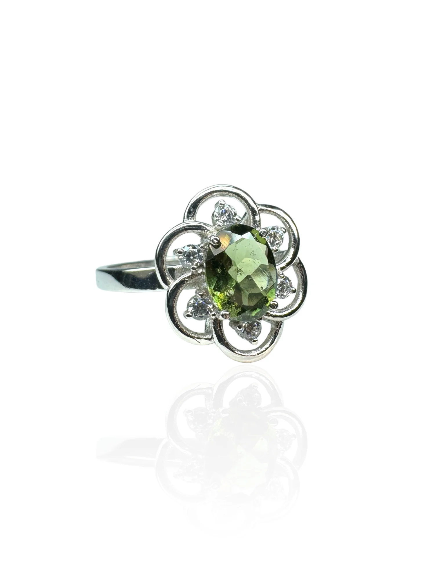 Moldavite ring oval with cubic zirconia
