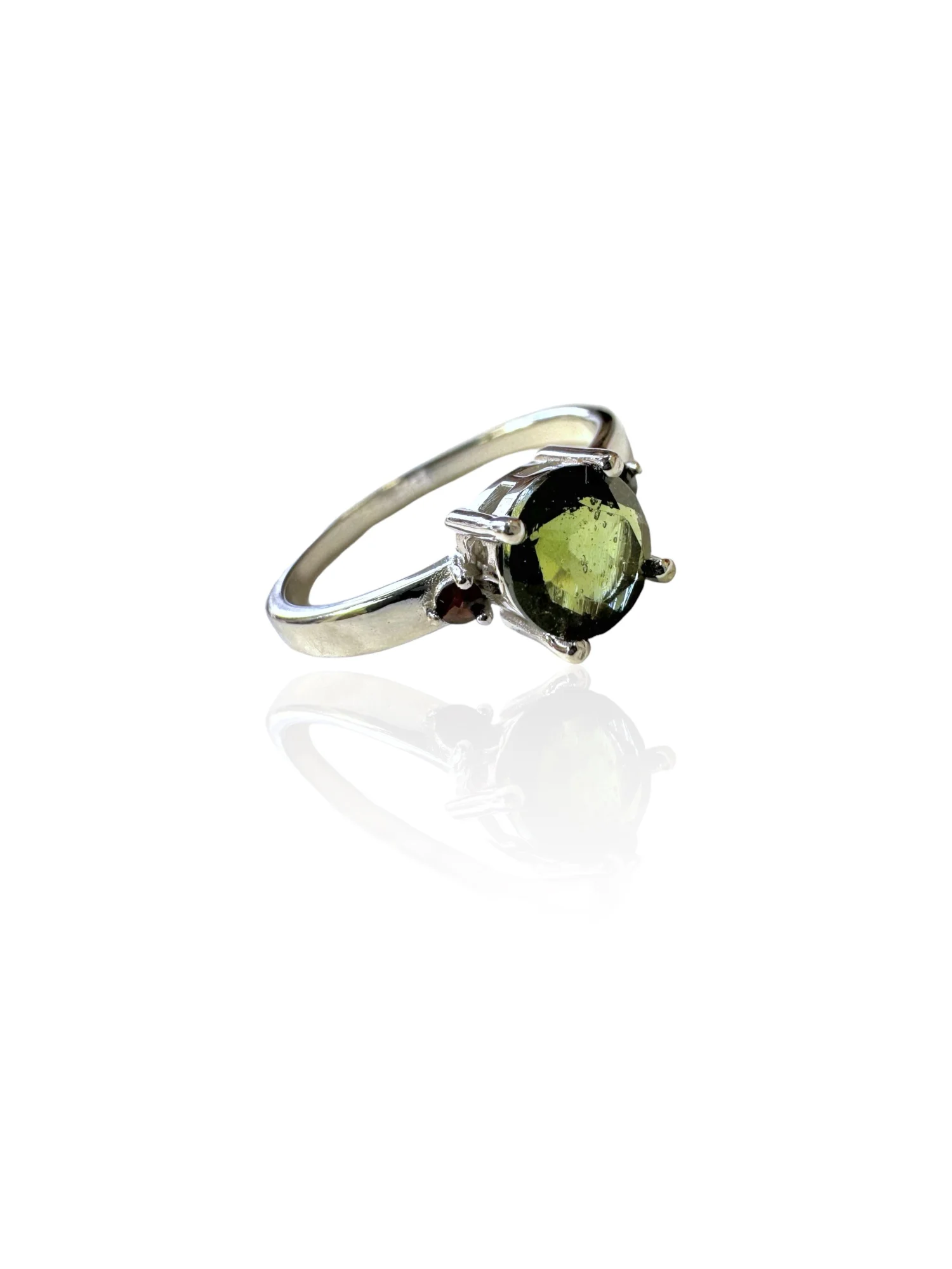 Moldavite ring with garnets