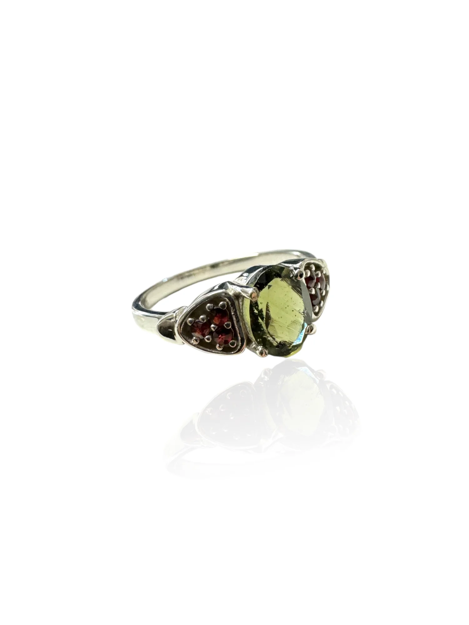 Moldavite ring with garnets