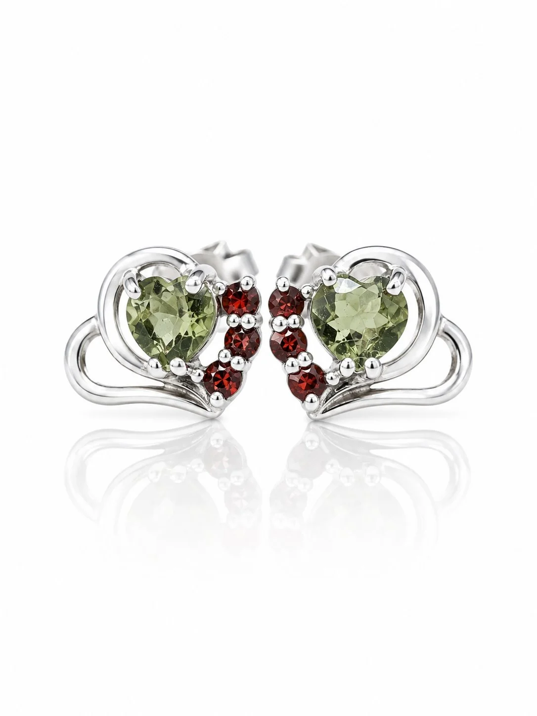 Moldavite earrings heart with garnets