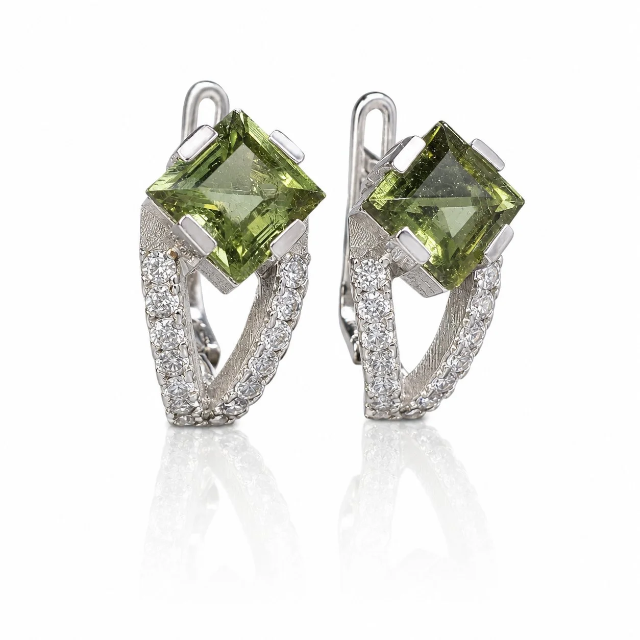 Moldavite earrings square with cubic zirconia