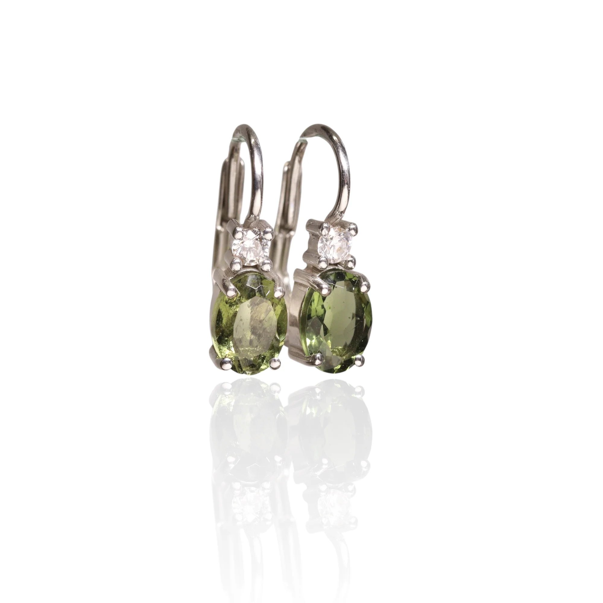 Moldavite earrings oval with cubic zirconia