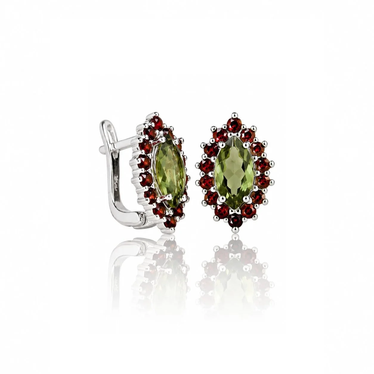 Moldavite earrings marquise with garnets