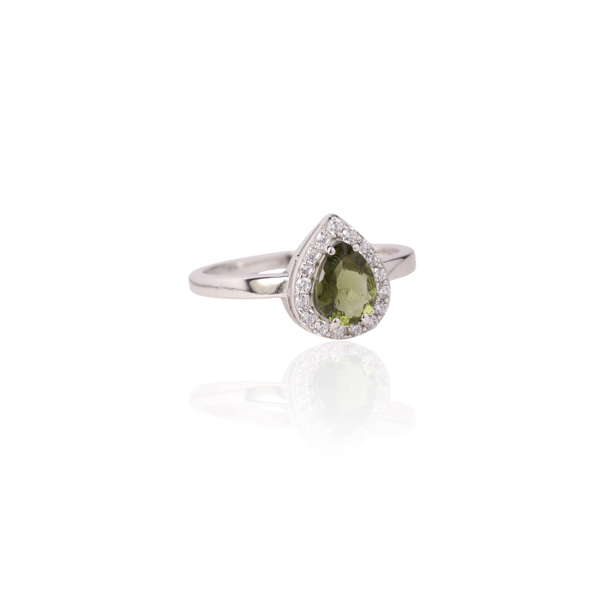 Moldavite ring drop with cubic zirconia