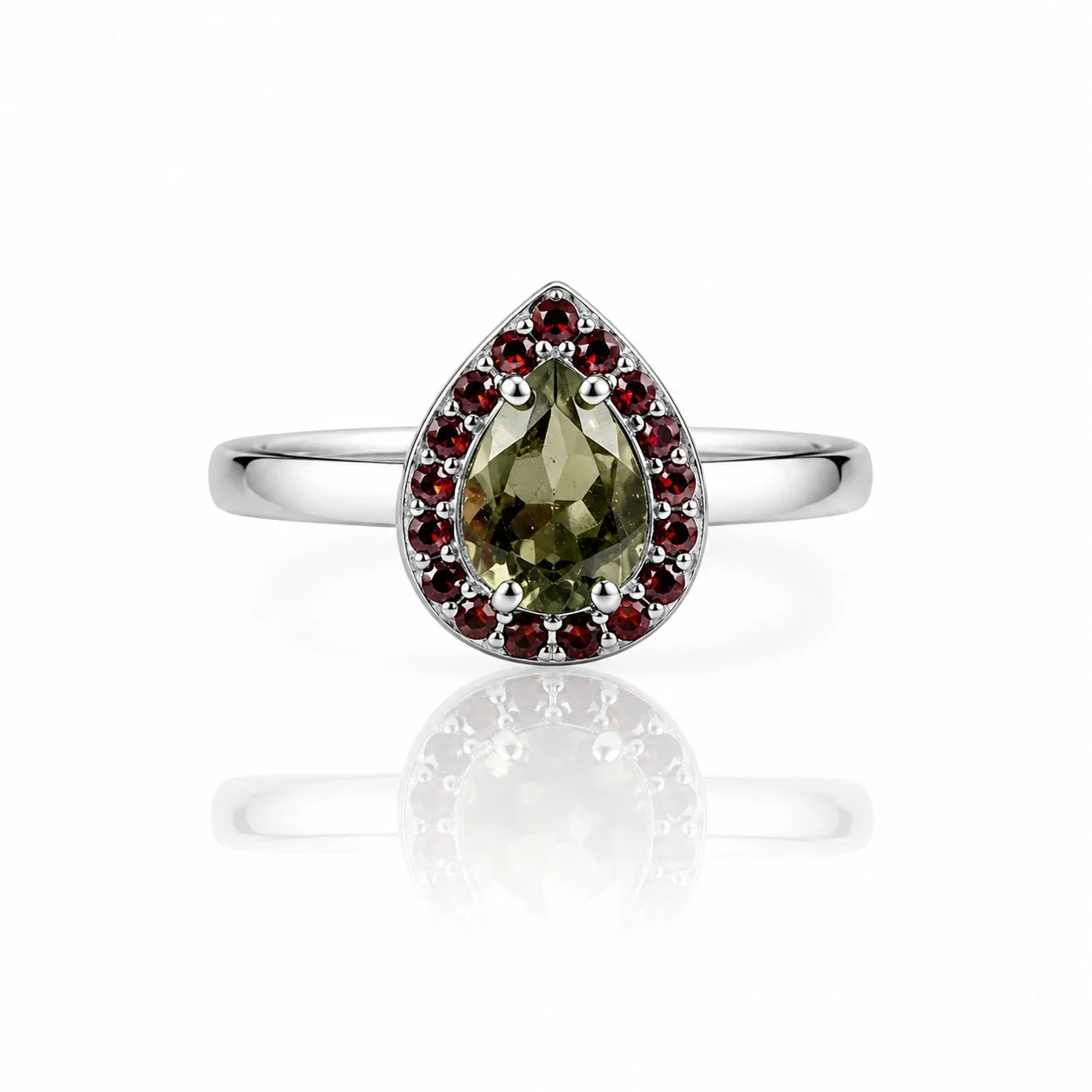 Moldavite ring drop with garnets