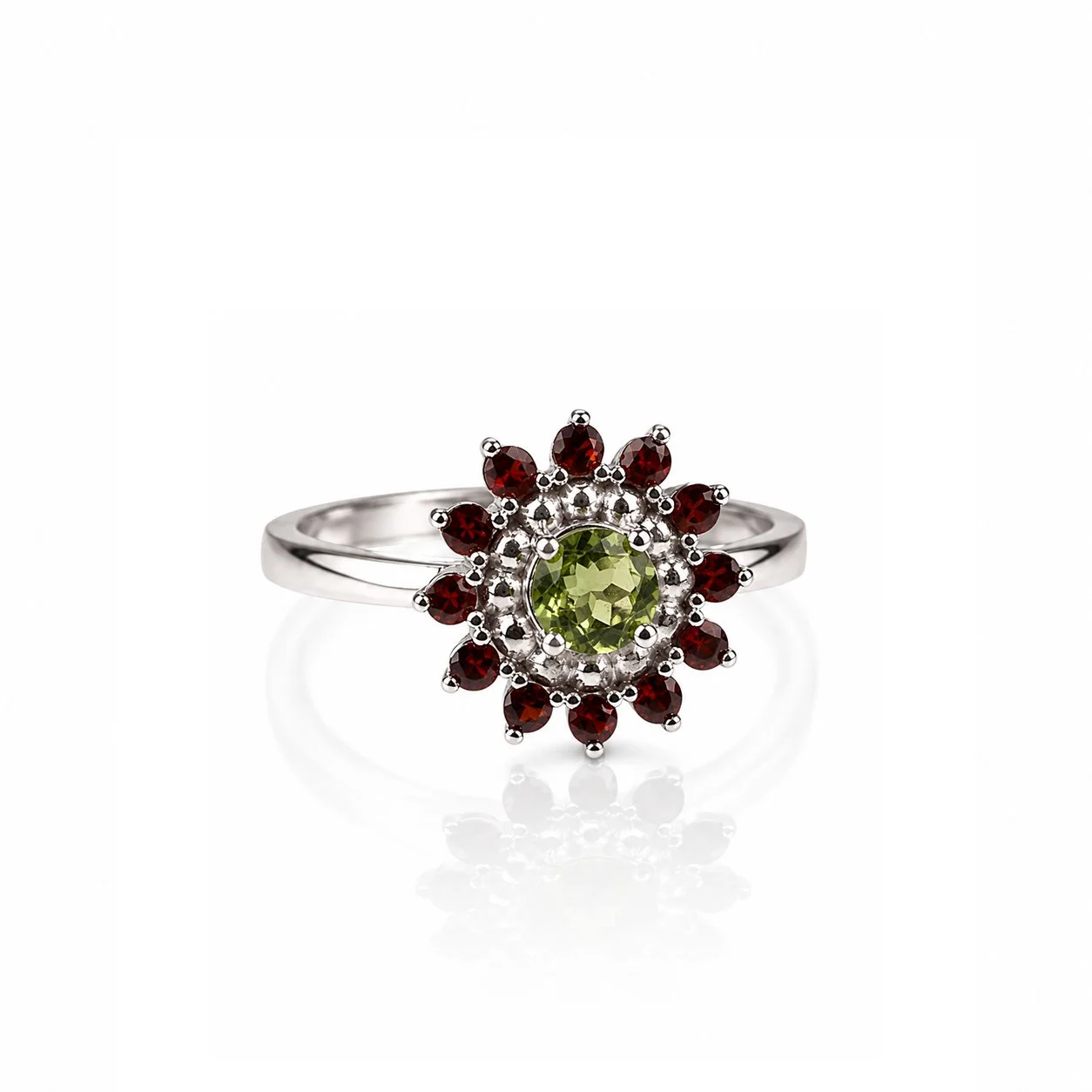 Moldavite ring with garnets