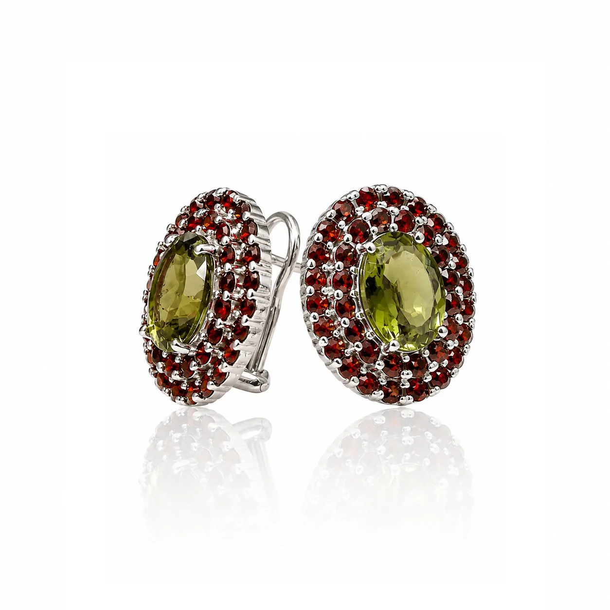 Moldavite earrings oval with garnets