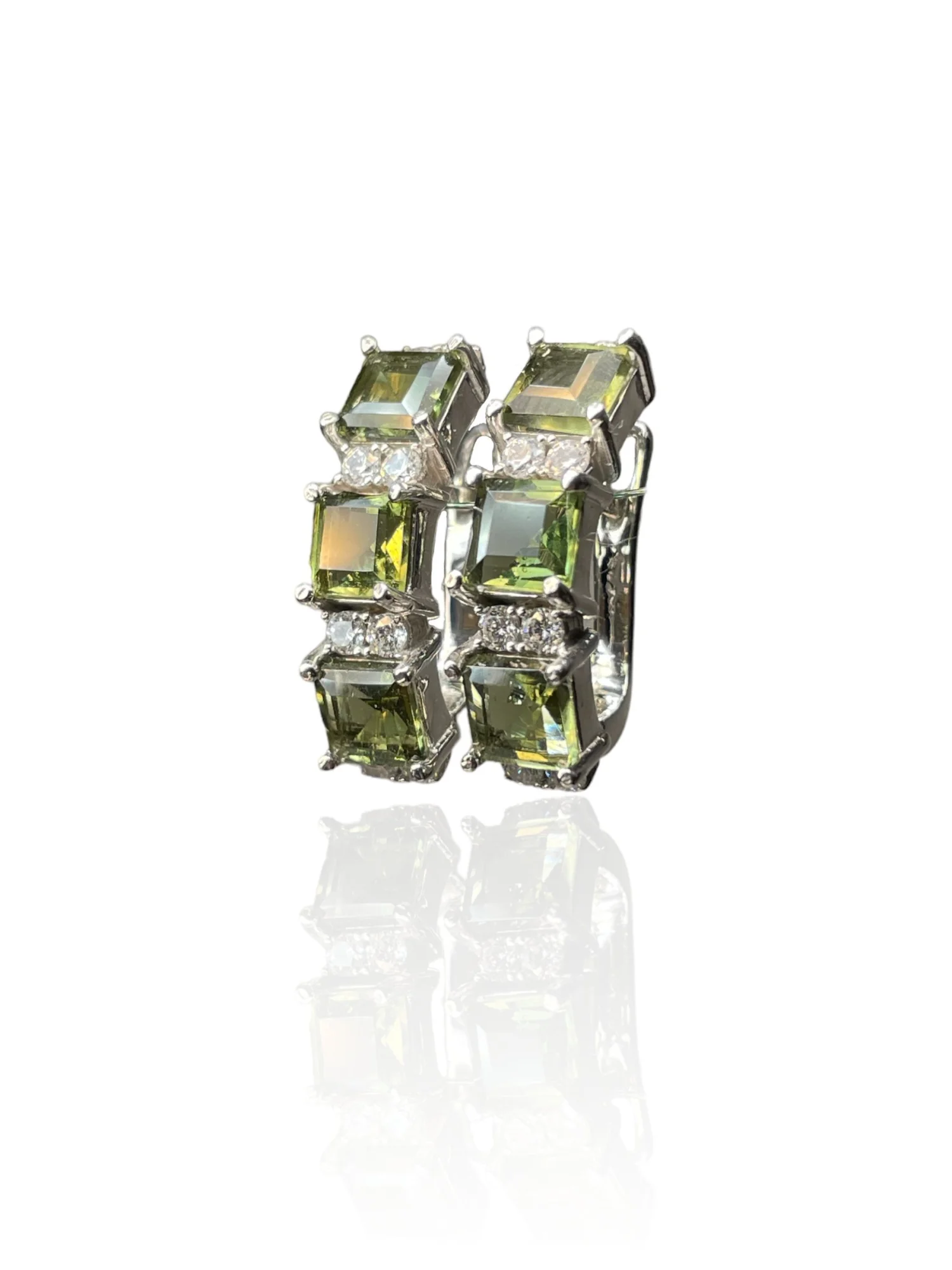 Moldavite earrings square with cubic zirconia